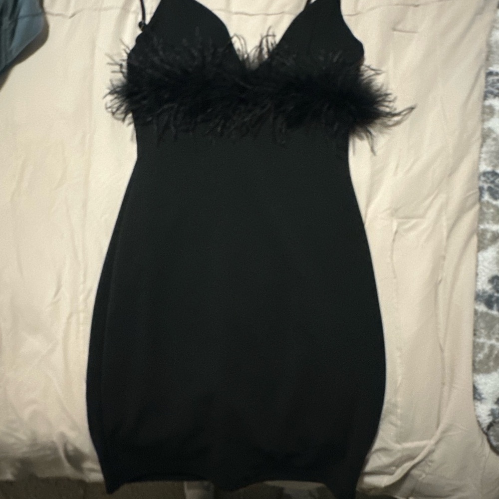 Fashion Nova Black Feather Trim Mini Dress